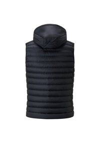 Schwarze Puffer-Weste mit abnehmbarem Kapuzen, die ein gestepptes Design, horizontale Nähte und eine glatte Textur aufweist. Keine sichtbaren Fronttaschen.