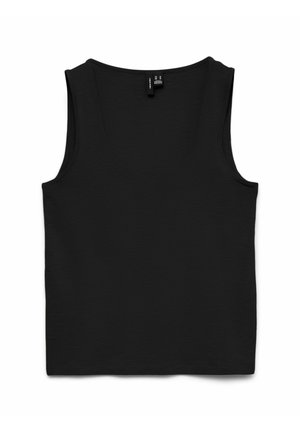 Czarny bezrękawnik z dekoltem typu scoop, ułożony na płasko na białym tle, ukazujący teksturę materiału i metkę z nazwą marki wewnątrz kołnierza.