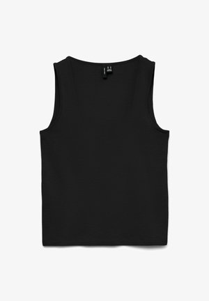 Zwart mouwloos tanktop met ronde hals, platliggend op een witte achtergrond, toont de stoftextuur en het merkje aan de binnenkant van de kraag.