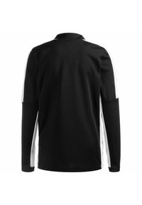 Maglietta nera a maniche lunghe con strisce bianche laterali e colletto classico, realizzata in tessuto liscio con un design aderente.