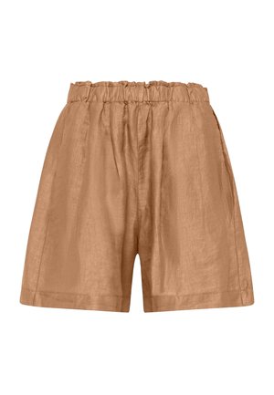 Lichtbruine linnen shorts met een elastische tailleband met plooien en zijzakken, een losse pasvorm en knie-lengte stijl.
