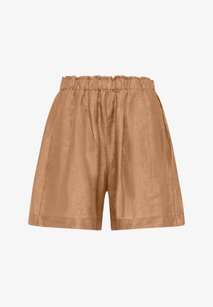 Lichtbruine linnen shorts met een elastische tailleband met plooien en zijzakken, een losse pasvorm en knie-lengte stijl.