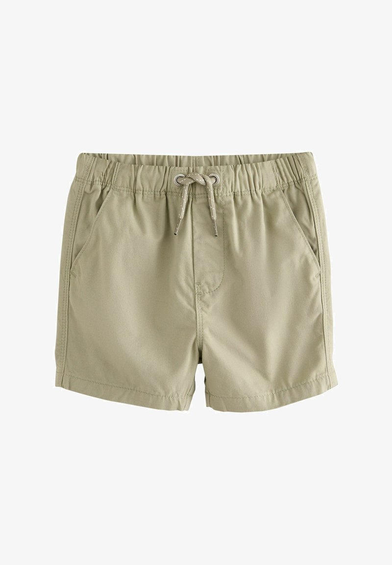 Shorts de bain kaki avec une taille élastique, un cordon de serrage, et deux poches latérales. Texture lisse avec un design simple et uni.