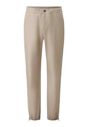 Beige lightweight trousers with an elastic waistband, front pockets, and gathered cuffs. Features a button closure at the waist.