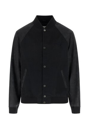 Fekete bombázó dzseki sima bőr vállrésszel, bordázott mandzsettákkal és gallérral; patentgombokkal és oldalzsebekkel a praktikumért.