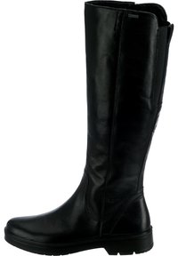 Bota negra de cuero hasta la rodilla con un acabado suave, punta redonda y un sutil panel elástico para facilitar el ajuste. Presenta detalles de costura reforzada.