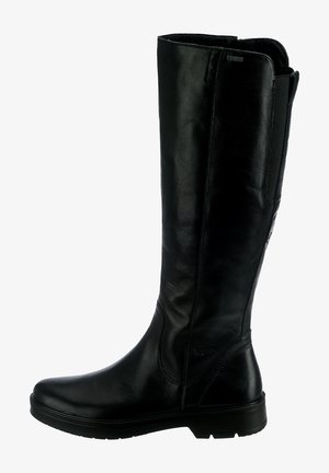 Schwarze Leder-Kniehohe Stiefel mit glatter Oberfläche, abgerundetem Zehenbereich und subtilen elastischen Einsätzen für einen besseren Sitz. Verstärkte Nähte vorhanden.