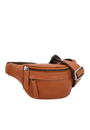 Tan leather fanny pack with a zippered main compartment, adjustable strap, and stitched detailing. Features a smooth texture and rounded shape.