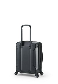 Schwarzer Hartschalenkoffer mit ausziehbarem Griff, vier Rollen und strukturierter Oberfläche; verfügt über ein stromlinienförmiges Design und einen Seitenhandgriff.