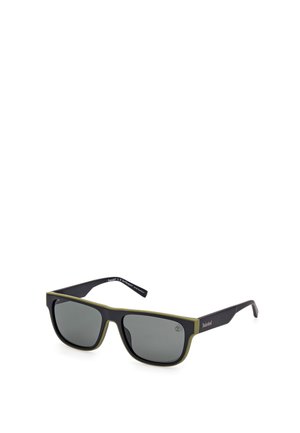 Sonnenbrille mit einem schwarzen Rahmen und olivgrünen Akzenten, ausgestattet mit dunklen Gläsern und mattem Finish. Schlankes, rechteckiges Design mit geraden Bügeln.