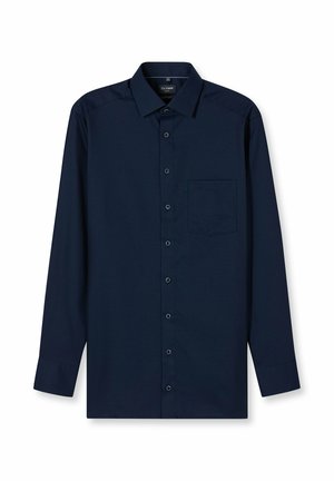 Marineblaues langärmeliges Hemd aus strukturiertem Stoff, mit Knopfleiste vorne und einer einzelnen Brusttasche. Klassisches Kragendesign.