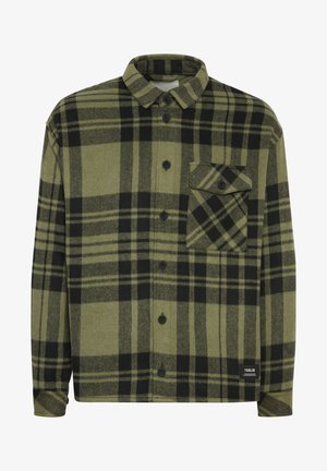 Grøn og sort ternet flannel skjorte med knap-ned krave, front knaplukning og en brystlomme. Stoffet har en blød, struktureret finish.