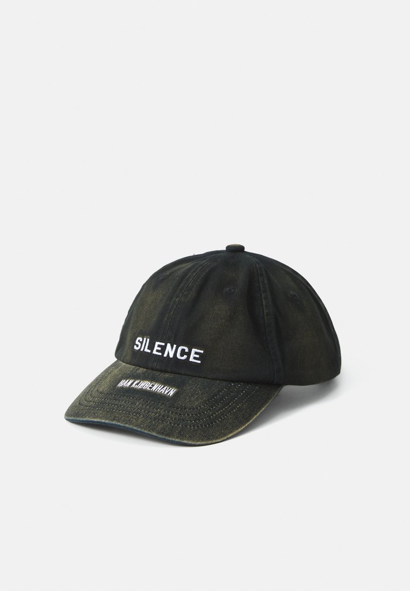 Black cotton baseball cap with "SILENCE" embroidered in white on the front and "HAWK." on the brim, featuring a curved visor and adjustable strap.