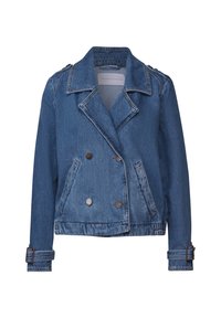 Blå jeansjacka med dubbelknäppt design, breda slag, två framfickor och justerbara manschetter. Har metallknappar och söm detaljer.