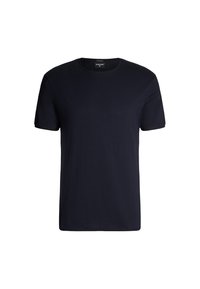 T-shirt in cotone blu navy con scollatura a girocollo, maniche corte e orlo dritto. Il tessuto ha una texture liscia e un design minimalista.