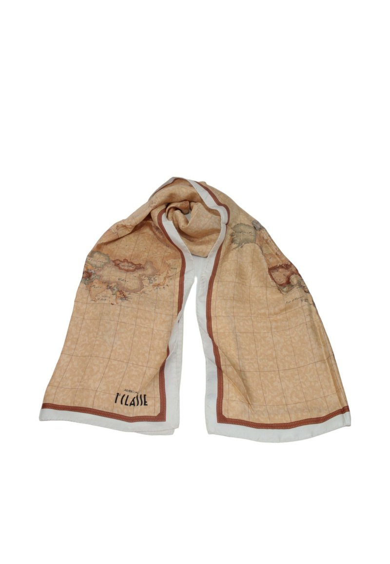 Sciarpa beige con un design a mappa, motivo a griglia e bordi a contrasto bianchi e marroni. Texture liscia con accenti decorativi sparsi.
