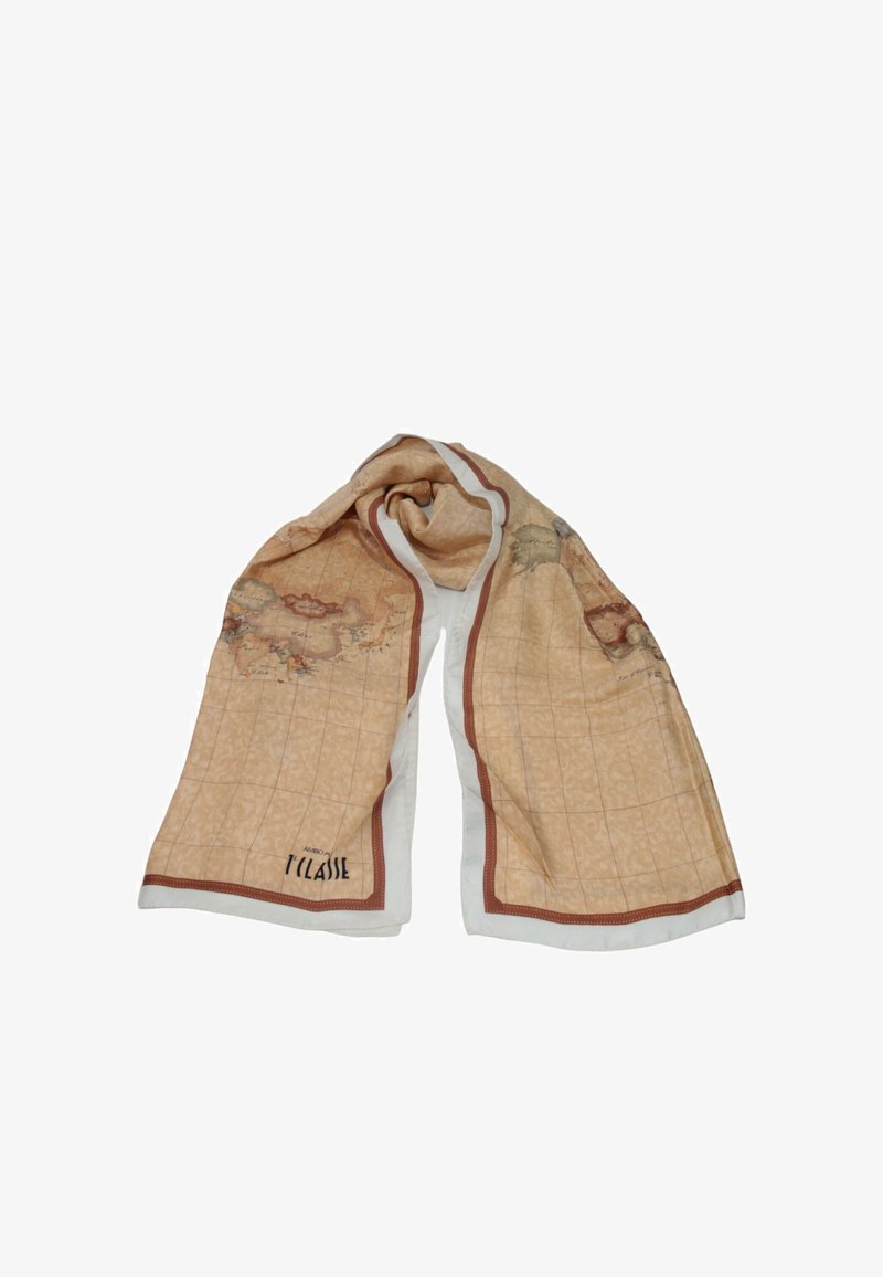 Sciarpa beige con un design a mappa, motivo a griglia e bordi a contrasto bianchi e marroni. Texture liscia con accenti decorativi sparsi.