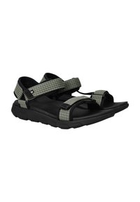 Black outdoor sandals with textured straps in a grid pattern, adjustable Velcro closures, and a cushioned, contoured sole.