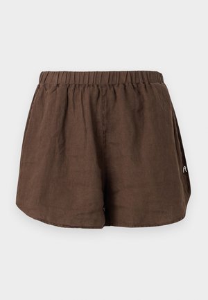 Brūnas ikdienas šortas ar elastīgu vidukļa joslu un brīvu piegriezumu, izgatavotas no viegla auduma ērtībai.