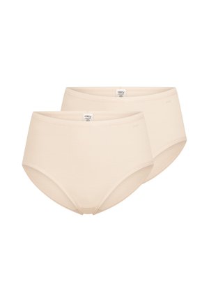 Zwei beige hoch taillierte Baumwollslips mit elastischem Bund, nebeneinander auf weißem Hintergrund dargestellt.