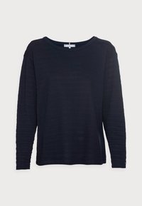 Marineblauwe longsleeve top gemaakt van textuurstof met horizontale strepen, met een brede halslijn en een relaxte pasvorm.
