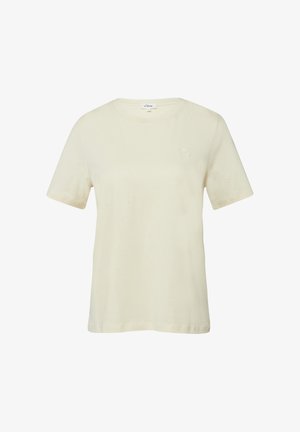 Bawełniana koszulka z krótkim rękawem w kolorze kremowym, z okrągłym dekoltem i subtelnym, małym haftowanym logo na lewej piersi.