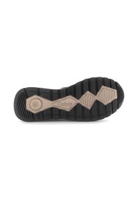 Zwarte rubberen loopzool met een beige geometrisch ontwerp. Kenmerken zijn onder andere textuuroverflächen en een gestructureerd loopvlak voor grip. Gabor-branding aanwezig.