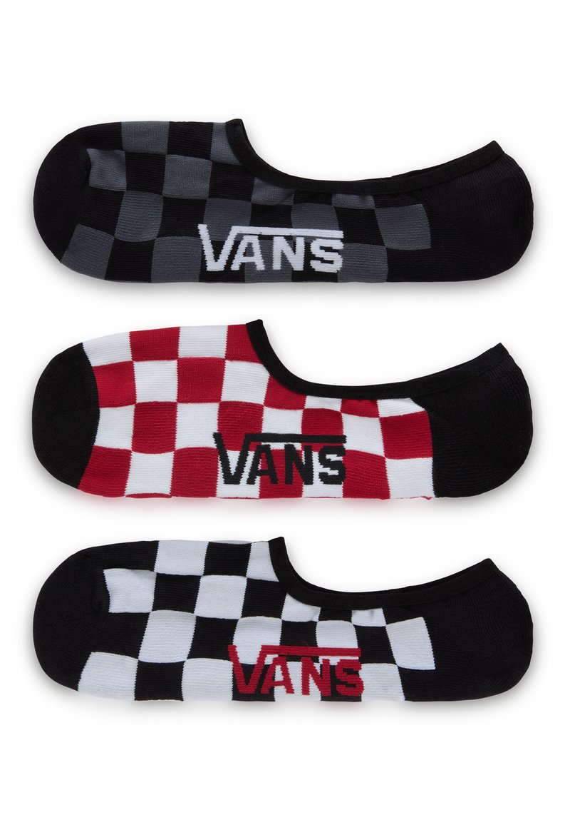 Tre par af Vans sokker; hver har et ternet mønster. Farverne er sort, grå, rød og hvid. Logoet er tydeligt vist.