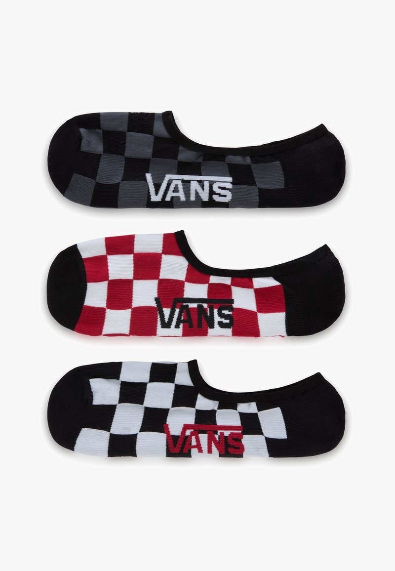 Drei Paar Vans-Socken; jedes Paar hat ein Schachbrettmuster. Die Farben sind Schwarz, Grau, Rot und Weiß. Das Logo ist deutlich sichtbar.