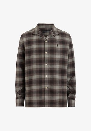 Brown and grey plaid shirt in lightweight fabric, featuring a spread collar, button closure, and an embroidered logo on the chest.