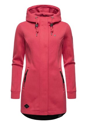 Pink, hooded coat with a ribbed texture, zippered pockets, and contrasting black inner lining. Features adjustable drawstrings and logo detail.