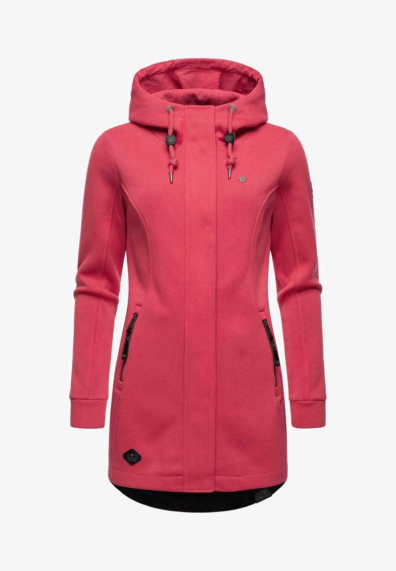 Pink, hooded coat with a ribbed texture, zippered pockets, and contrasting black inner lining. Features adjustable drawstrings and logo detail.