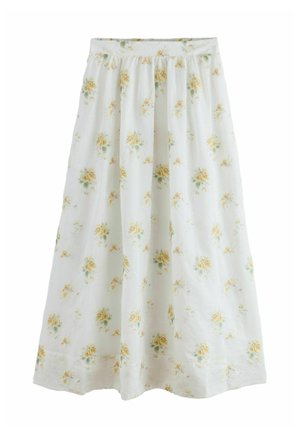 Weißer Midirock mit gelbem Blumenmuster und gerafftem Bund, flach auf weißem Hintergrund gezeigt.