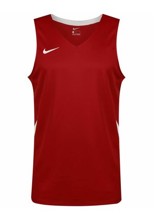 Rotes Nike Sport-Tanktop mit V-Ausschnitt, weißen Akzenten an den Seiten und dem Logo auf der Brust. Hergestellt aus atmungsaktivem Material.