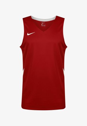 Red Nike athletic tank top with a v-neck design, white accents on the sides, and the logo on the chest. Made from breathable fabric.