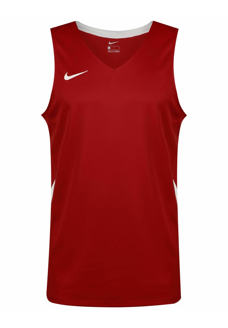 Rotes Nike Sport-Tanktop mit V-Ausschnitt, weißen Akzenten an den Seiten und dem Logo auf der Brust. Hergestellt aus atmungsaktivem Material.