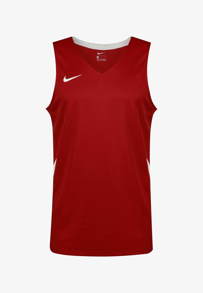Red Nike athletic tank top with a v-neck design, white accents on the sides, and the logo on the chest. Made from breathable fabric.