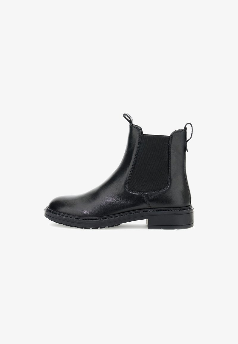 Schwarze Leder-Chelsea-Stiefel mit elastischen Seitenpaneelen, Zuglaschen und einer Gummisohle. Mit einer eleganten, glänzenden Oberfläche und runder Zehenform.