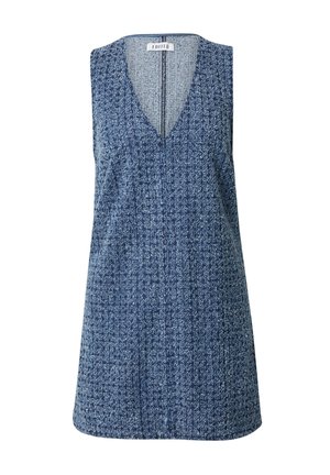 Blauwe mouwloze jurk van gestructureerde stof met een V-hals en een subtiel patroon. Eenvoudige, rechte snit met een iets gebogen zoom.