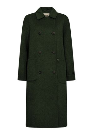Cappotto doppiopetto verde scuro realizzato in tessuto testurizzato, con due tasche frontali, bottoni neri e colletto.