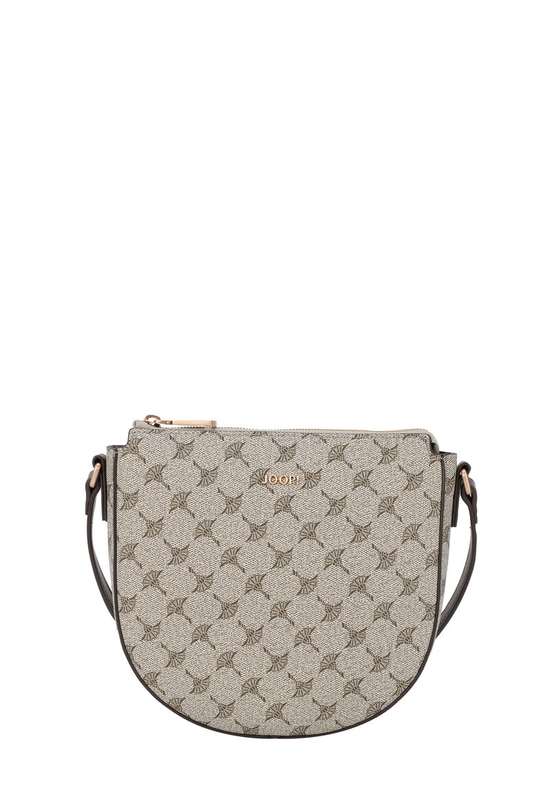 Borsa a tracolla beige con motivo in rilievo a forma di stelle, hardware dorato e tracolla marrone. Presenta una chiusura con zip e un design elegante e arrotondato.