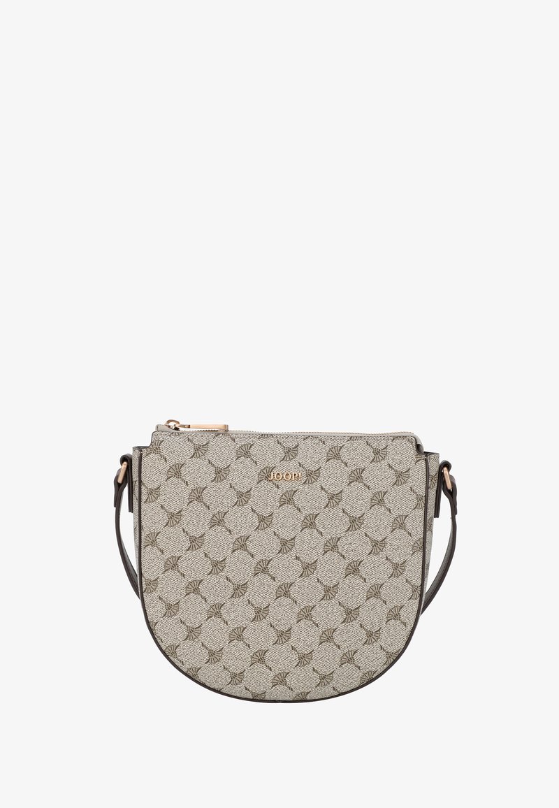 Bežová crossbody taška s embosovaným vzorem hvězd, zlatým kováním a hnědým popruhem. Má zipové uzavírání a elegantní zaoblený design.