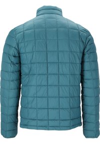 Polstret jakke i teal, med et quiltet design med firkantet mønster, en opretstående krave og lange ærmer. Blød, glinsende tekstur.