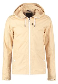 Light beige hooded jacket with a zip front, two front pockets, and drawstrings. Features a smooth, matte texture and minimalistic design.