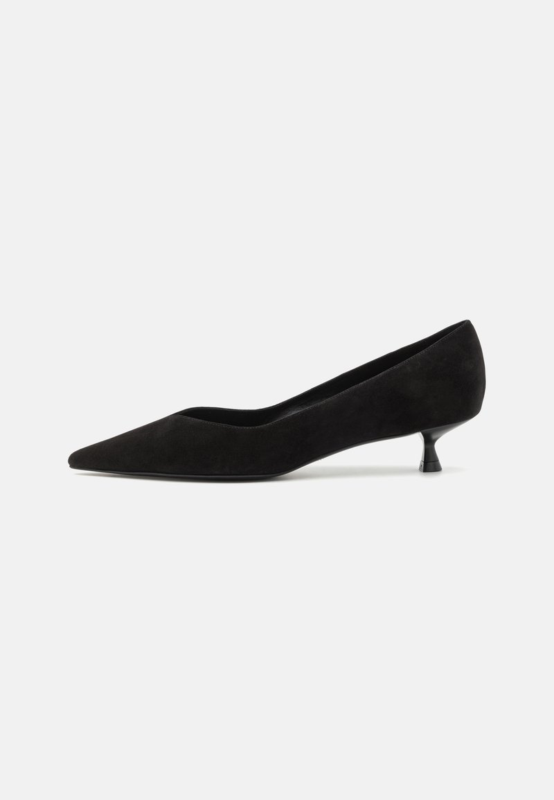Black suede pointed-toe low kitten heel shoe with a smooth silhouette against a plain white background.
