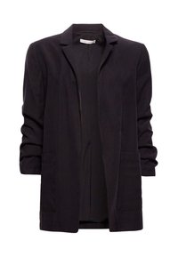 Svart lättviktsblazer med slagkrage, långa ärmar, öppen front och två framfickor, tillverkad av ett slätt tyg.