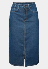 Jupe crayon en denim bleu foncé avec fente à l'avant, passants de ceinture, poches avant et fermeture par bouton.