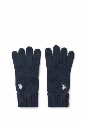 Paire de gants tricotés bleu foncé avec poignets côtelés et logos brodés blancs représentant un cheval et un cavalier au dos de chaque gant.
