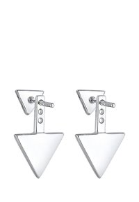 Silberne geometrische Ohrringe mit einem dreieckigen Design und polierter Oberfläche, gesichert mit einem Stift- und Rückenverschluss, der einen minimalistischen Stil zeigt.