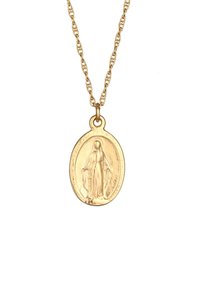 Guldtonet vedhængs halskæde med en oval medaljon med en detaljeret religiøs figur, vedhæftet en snoet kædelink.